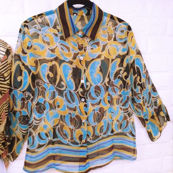 Lot of 2 Tops Sheer Blouses Geometric Patterned -M(10) Open-Front Button-up - Picture 6 of 13